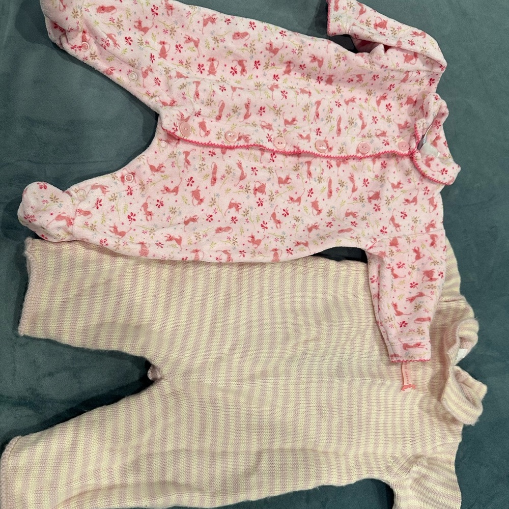 Lot of 2 Petit Bateau 1m / 54cm velour and knit pink Footies stretchies